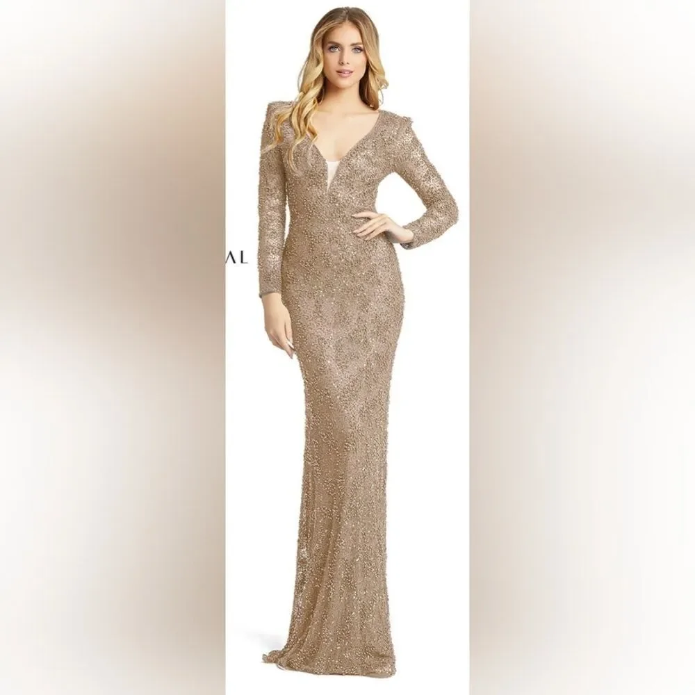 Mac Duggal 5177 Sequin Embellished Floor Length Gown NWOT size 16 Mocha